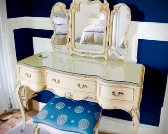 French  Style vanity set, 3-drawer vintage dressing table -ornate vanity with a mirror and a stool- bespoke