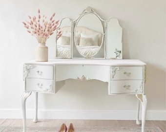 French Style Vanity Set: Vintage Ornate Dressing Table with Mirror & Stool