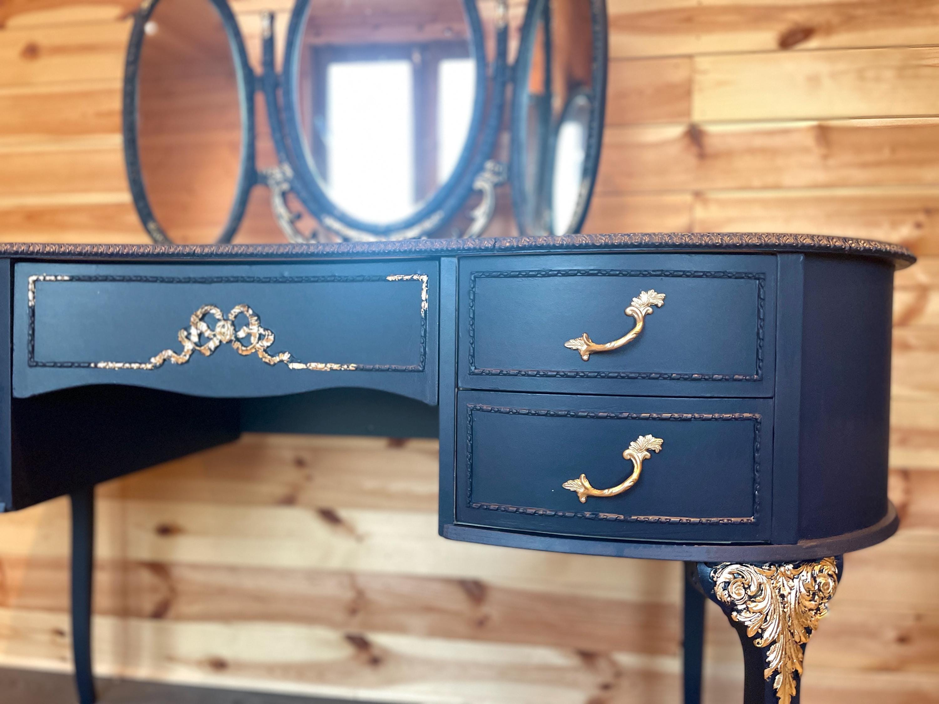 navy and gold dressing table Modern Blue Makeup Vanity Set Retracted Dressing Table Cabinet&Stool&Mirror  Included-Wehomz – WEHOMZ