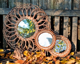 Collection of 3 Rattan Mirror - Sunburst Bohemian Mirror -Boho Home Decor-Vintage Style Wall Mirror