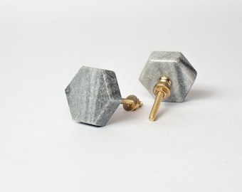 Grey Marble Stone Hexagon Brass Door Knob - Natural Drawer Hardware - Hardware - Nordic Home Decor