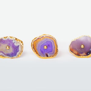 Natural Agate Slice Doorknobs Blue, Purple, Pink, Green Agate Cabinet Hardware-Agate Handle with Gold Accent Agate Drawer Pull Handles Purple