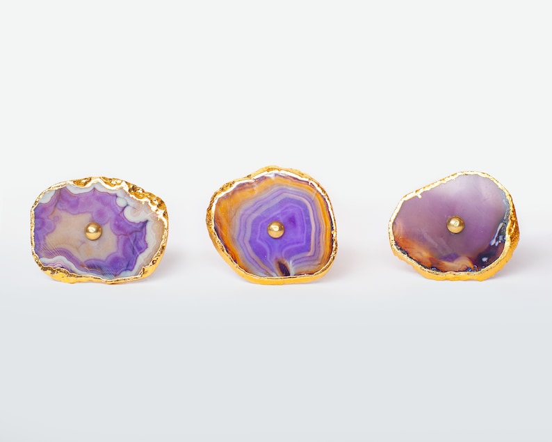 Natural Agate Slice Doorknobs Blue, Purple, Pink, Green Agate Cabinet Hardware-Agate Handle with Gold Accent Agate Drawer Pull Handles Purple