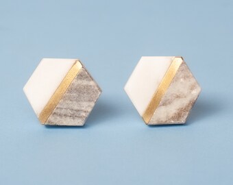 Weiß und Grauer Sechseck Marmor und Messing Knauf - Luxuriöser Schubladenknauf mit Goldakzenten ergänzt - Metallteile - Nordic Home Decor