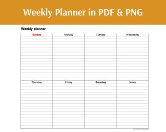 Weekly Planner, Digital Planner, Weekly Schedule, Weekly Notes, A4 (11 x 8.5 inches) File Printable in PDF and PNG, Instant Download, W008