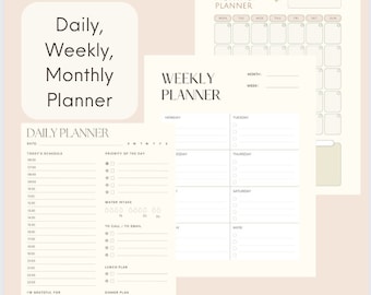 Daily Planner Printable, Weekly Planner, Printable Digital Planner, 5 Pages of Daily, Weekly, Monthly Planners, Plus ToDo List & Notes, 001