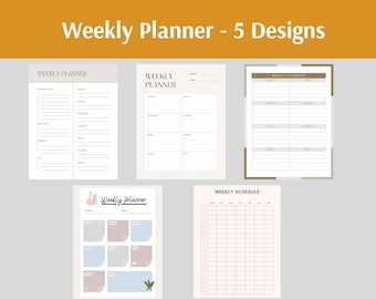 Weekly Planner 5 Designs, Weekly Schedule, Weekly Notes, Digital Planner A4 File Printable in PDF, Instant Download, WP010