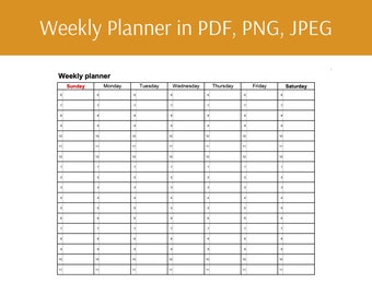 Weekly Planner, Digital Planner, Weekly Schedule, Weekly Notes, A4 (11 x 8.5 inches) File Printable in PDF, PNG, JPEG, Instant Download, CL7