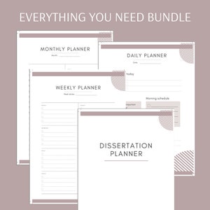 Peut inclure: Un lot de planificateurs imprimables au design minimaliste. Le lot comprend un planificateur mensuel, hebdomadaire, quotidien et de dissertation. Chaque planificateur présente un design géométrique avec une palette de couleurs brun clair.