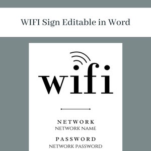 Può includere: Un cartello bianco con la parola "wifi" in grassetto, in nero, con un'icona del segnale sopra. Sotto, dice "Network Network Name" e "Password Network Password". Il testo "WIFI Sign Editable in Word" è in alto.