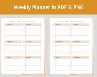Weekly Planner, Weekly Schedule, Weekly Notes, Digital Planner, A4 (11 x 8.5 inches) File Printable in PDF and PNG, Instant Download, WP009