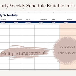 時間別週間スケジュール Excel テンプレート、週間プランナー、日次スケジュール、週間プランナー、Excel で編集可能、印刷可能なファイル、時間間隔