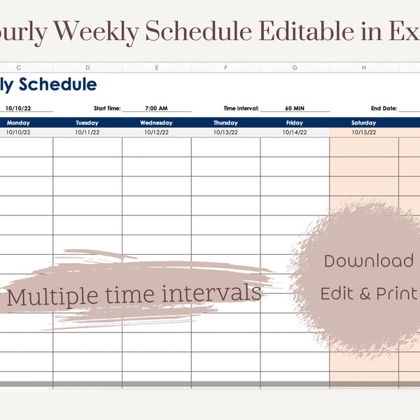Hourly Weekly Schedule Excel Template, Weekly Planner, Daily Schedule, Weekly Planner, Editable in Excel, Printable File, Time Intervals