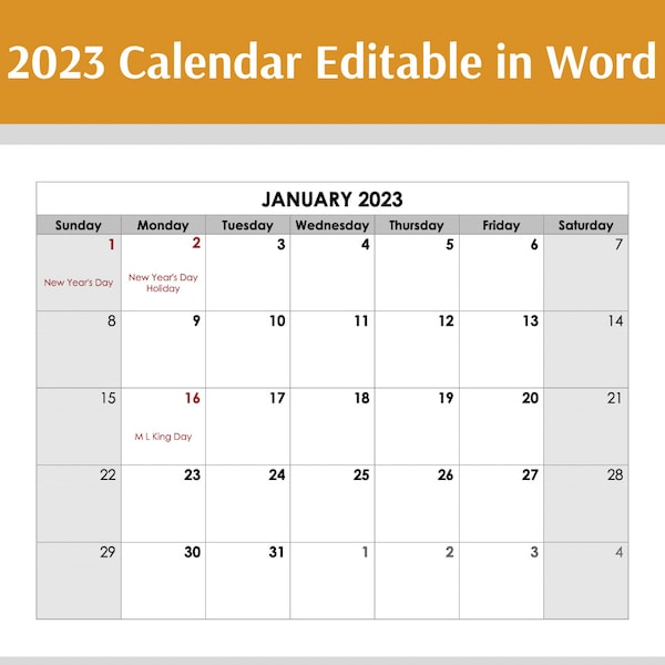 2023 Calendar Editable Word, Calendar Template, Digital File, Monthly Calendar Template, 2 Size A4 & 11"x14", Editable Calendar 2023, CL018