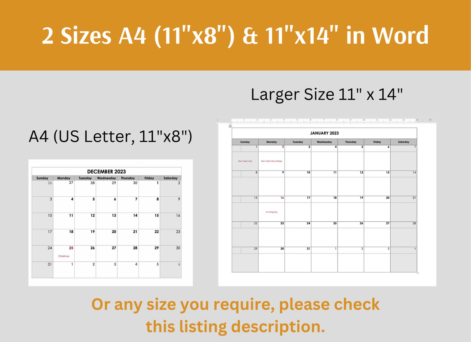 2023 Calendar Editable Word, Calendar Template, Digital File, Monthly