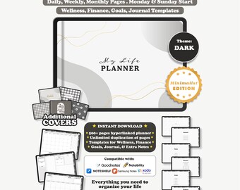 Digital Planner, Undated Landscape Minimalist, Goodnotes Notability iPad Planner, Daily Weekly Monthly, Dark