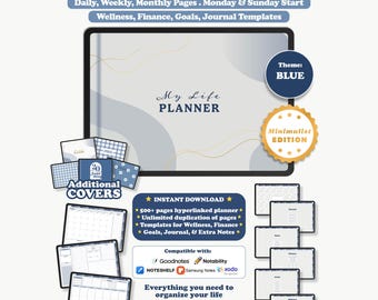 Digital Planner, Undated Landscape Minimalist, Goodnotes Notability iPad Planner, Daily Weekly Monthly, Blue