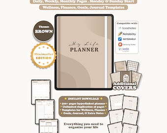 Digital Planner, Undated Portrait Minimalist, Goodnotes Notability iPad Planner, Daily Weekly Monthly, Brown