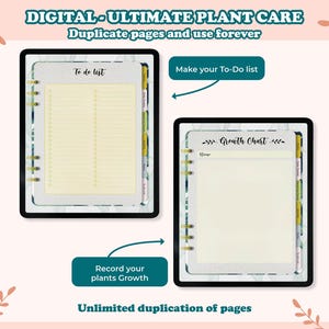 May include: Digital planner for plant care with a to-do list and growth chart pages. The planner has a marble background with gold accents and a green border. The text "Digital - Ultimate Plant Care" is at the top of the image. The text "Duplicate pages and use forever" is below the title. The text "Make your To-Do list" is above the to-do list page. The text "Growth Chart" is above the growth chart page. The text "Record your plants Growth" is below the growth chart page. The text "Unlimited duplication of pages" is at the bottom of the image.