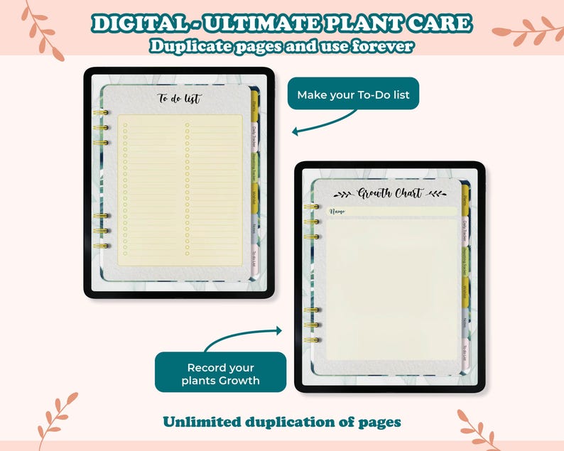 May include: Digital planner for plant care with a to-do list and growth chart pages. The planner has a marble background with gold accents and a green border. The text "Digital - Ultimate Plant Care" is at the top of the image. The text "Duplicate pages and use forever" is below the title. The text "Make your To-Do list" is above the to-do list page. The text "Growth Chart" is above the growth chart page. The text "Record your plants Growth" is below the growth chart page. The text "Unlimited duplication of pages" is at the bottom of the image.