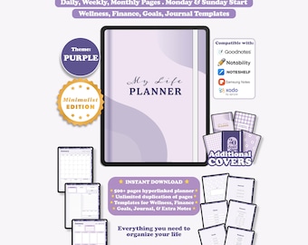 Digital Planner, Undated Portrait Minimalist, Goodnotes Notability iPad Planner, Daily Weekly Monthly, Purple