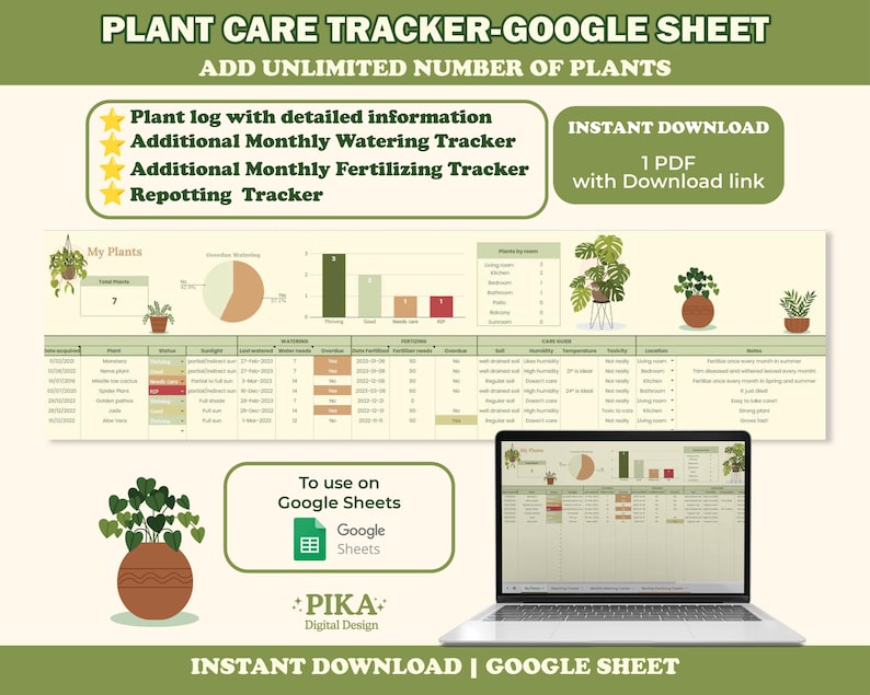 Op de afbeelding: Een digitale plantverzorgingstracker voor Google Sheets. De afbeelding toont een laptop met een spreadsheet met informatie over plantenverzorging, inclusief water- en bemestingsschema's. Het ontwerp omvat een plantenlogboek, een verplantracker en een maandelijkse watertracker. De tekst luidt "Direct downloaden".