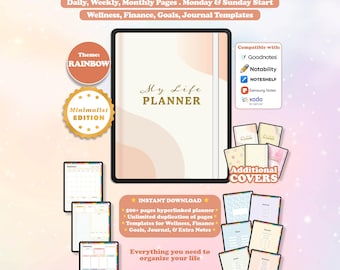 Digital Planner, Undated Portrait Minimalist, Goodnotes Notability iPad Planner, Daily Weekly Monthly, Rainbow