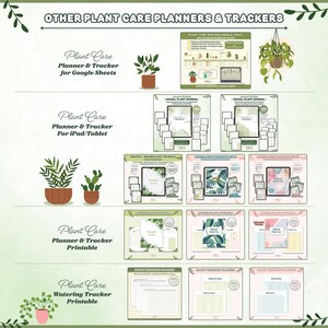 Op de afbeelding: Een verzameling digitale en afdrukbare plantverzorgingsplanners en -trackers. De afbeelding toont verschillende lay-outs voor Google Sheets, iPad/tablets en afdrukbare formaten. Ontwerpen omvatten plantenjournals, watergevers en plantverzorgingsbladen. Het kleurenpalet is zachtgroen en roze.