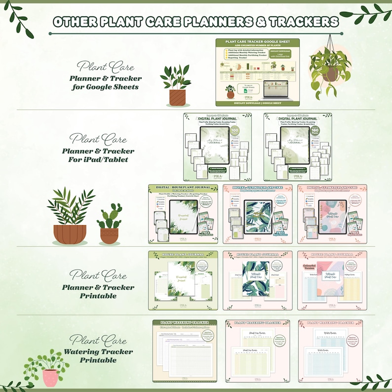Op de afbeelding: Een verzameling digitale en afdrukbare plantverzorgingsplanners en -trackers. De afbeelding toont verschillende lay-outs voor Google Sheets, iPad/tablets en afdrukbare formaten. Ontwerpen omvatten plantenjournals, watergevers en plantverzorgingsbladen. Het kleurenpalet is zachtgroen en roze.