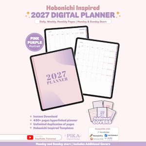 May include: A digital planner for 2027 with a pink and purple gradient cover featuring the text 2027 PLANNER. The set includes internal daily, weekly, and monthly grid pages, plus additional cover options in various plaid and solid patterns.