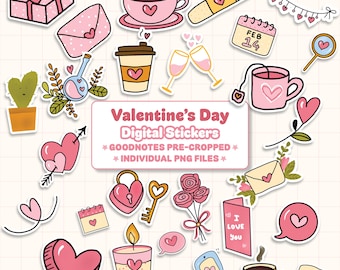 Valentine's Day Digital Stickers, Goodnotes Stickers, Digital Planner Sticker and PNG, February Stickers