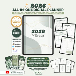 May include: A digital planner for 2026 with a minimalist design, featuring daily, weekly, and monthly pages. The green-themed planner includes additional covers and is compatible with Goodnotes, Notability, and other apps. It offers over 500 hyperlinked pages.