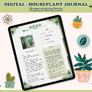 May include: A digital houseplant journal on a tablet, featuring a plant care guide and plant details. The screen displays the text "DIGITAL - HOUSEPLANT JOURNAL Log up-to 30 plants". The image is decorated with plant-themed stickers.