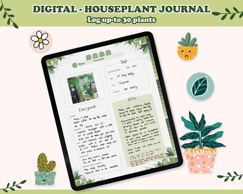 May include: A digital houseplant journal on a tablet, featuring a plant care guide and plant details. The screen displays the text "DIGITAL - HOUSEPLANT JOURNAL Log up-to 30 plants". The image is decorated with plant-themed stickers.