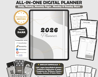 Digital Planner 2026, Dated Digital Planner, Goodnotes Notability, Daily Weekly Monthly Planner iPad Planner, Portrait Vertical Planner Dark