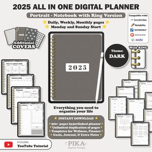 2025 Digital Planner | GoodNotes Planner, Daily Weekly Monthly Planner, Notability IPad Planner, Portrait Planner | Digital Planner Dark