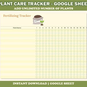 Op de afbeelding: Een digitale plantverzorgingstracker in Google Sheet-formaat. Het ontwerp heeft een lichtgele achtergrond met een groene kop- en voettekst. De tekst "PLANT CARE TRACKER - GOOGLE SHEET" staat bovenaan. De tracker bevat secties voor plantnamen en bemestingsschema's.