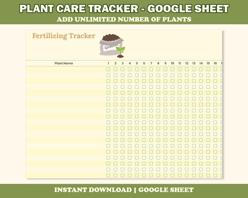 Op de afbeelding: Een digitale plantverzorgingstracker in Google Sheet-formaat. Het ontwerp heeft een lichtgele achtergrond met een groene kop- en voettekst. De tekst "PLANT CARE TRACKER - GOOGLE SHEET" staat bovenaan. De tracker bevat secties voor plantnamen en bemestingsschema's.