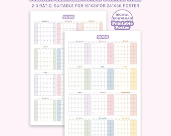 2026 Full Year Calendar Portrait with Monday & Sunday Start, 2026 Printable Wall Planner, Year at a Glance planner