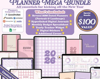 Plannerbundel 2026: verticale horizontale planners met datum 2026, dagblad, budgetspreadsheet, digitale stickers (Goodnotes, GoogleSheets)