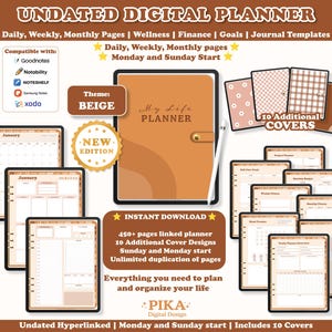 May include: Beige digital planner with the text "My Life Planner" on the cover. The planner includes daily, weekly, and monthly pages, wellness, finance, goals, and journal templates. It is compatible with Goodnotes, Notobility, Noteshelf, Samsung Notes, and Xodo. The planner comes with 10 additional covers.