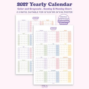 May include: A 2027 yearly calendar printable poster featuring a 2:3 ratio, suitable for 16"x24" or 24"x36" prints. The design includes color and grayscale options with Sunday and Monday start dates. Text reads 2027 Yearly Calendar and Digital Download.