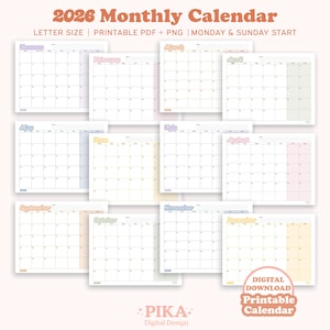 May include: A collection of 12 monthly calendar pages for 2026, each with a different pastel color scheme. The calendars are labeled with the months from January to December. The text "2026 Monthly Calendar" is at the top, with "Letter Size" and "Printable PDF + PNG" below.