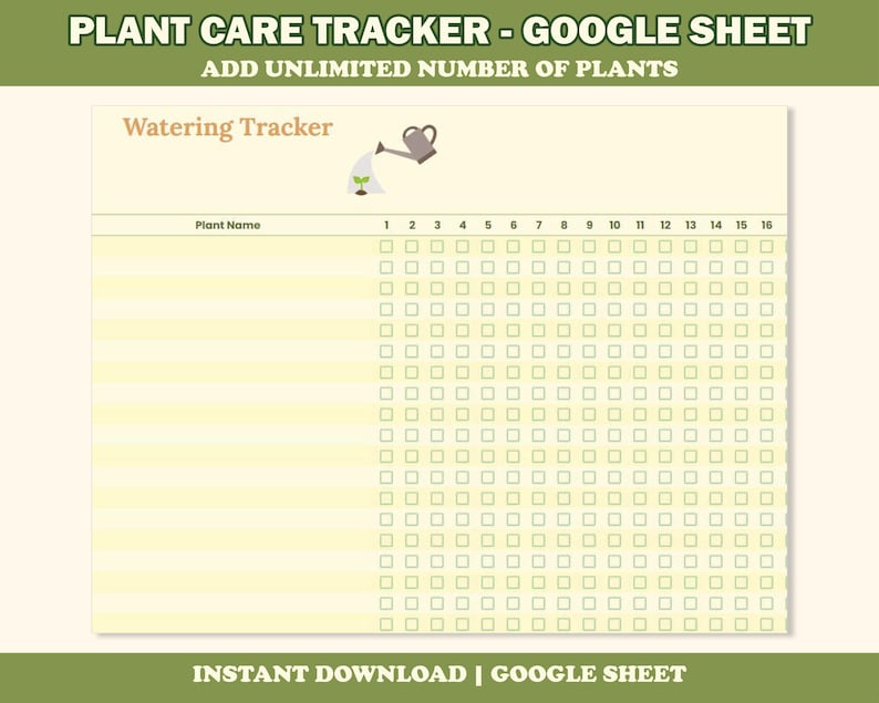 Op de afbeelding: Een digitale plantverzorgingstracker-sjabloon voor Google Sheets. De sjabloon bevat een watergeeftracker met ruimte om plantennamen te vermelden en watergeefschema's tot 16 dagen bij te houden. De tekst bovenaan luidt "PLANT CARE TRACKER - GOOGLE SHEET".