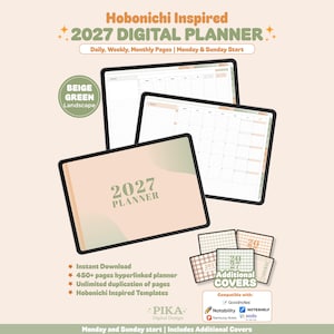 Puede incluir: Una agenda digital 2027 inspirada en Hobonichi en formato horizontal con esquemas de color beige y verde. La pantalla muestra páginas de cuadrícula diarias, semanales y mensuales, una portada con 2027 PLANNER y varias opciones de portada adicionales.