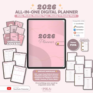 Digital Planner 2026, Dated Digital Planner, Goodnotes Notability, Daily Weekly Monthly Planner iPad Planner, Portrait Vertical Planner Pink