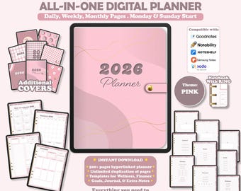 Digital Planner 2026, Dated Digital Planner, Goodnotes Notability, Daily Weekly Monthly Planner iPad Planner, Portrait Vertical Planner Pink