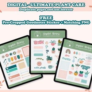 May include: Three digital sticker sheets with a green background and a plant theme. The stickers include illustrations of plants, pots, and text like "Bloom", "Water Plants", and "You Got This".