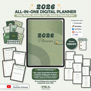 Op de afbeelding: Een digitale planner voor 2026 met een groene cover en gouden details. De planner bevat dagelijkse, wekelijkse en maandelijkse pagina's en is compatibel met Goodnotes, Notability en andere apps. Extra covers en sjablonen zijn inbegrepen.