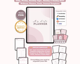 Digital Planner, Undated Portrait Minimalist, Goodnotes Notability iPad Planner, Daily Weekly Monthly, Pink